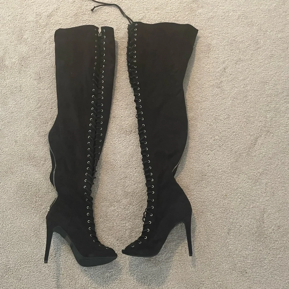 Black Suede Thigh High Boots - Picture 1 of 5